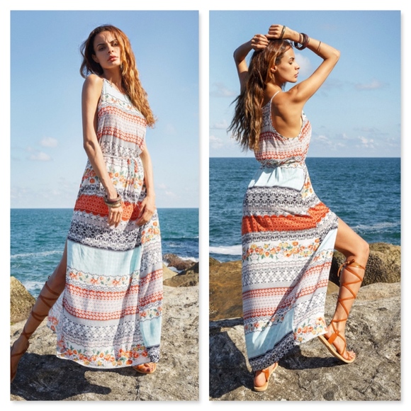 Multicolor Vintage Boho Print Slit Maxi Dress - Picture 3 of 8